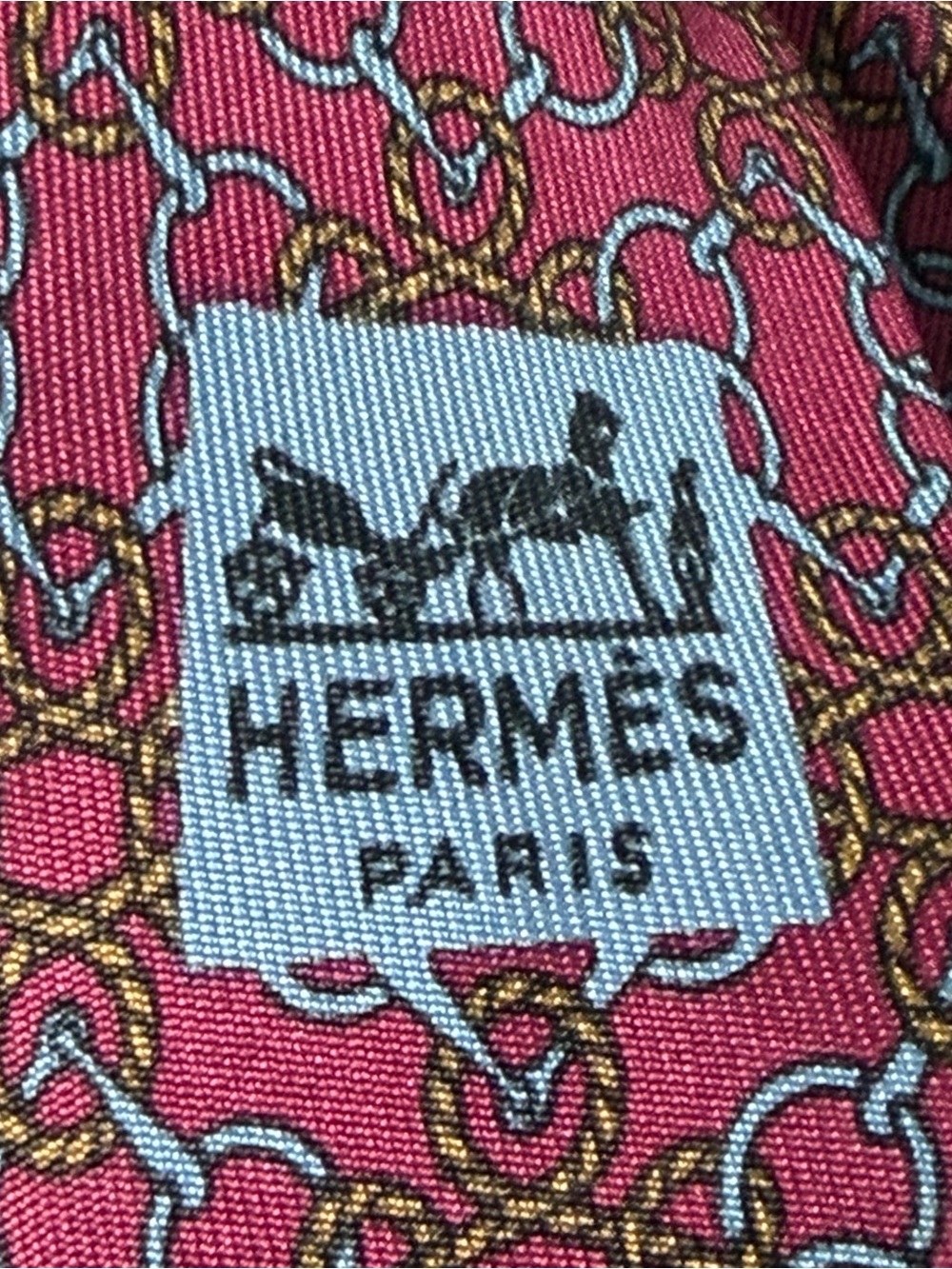 Hermes Men’s Silk Interlocking Horse Bit Pattern Tie Burgundy, Light Blue 760 UA - Picture 2 of 7